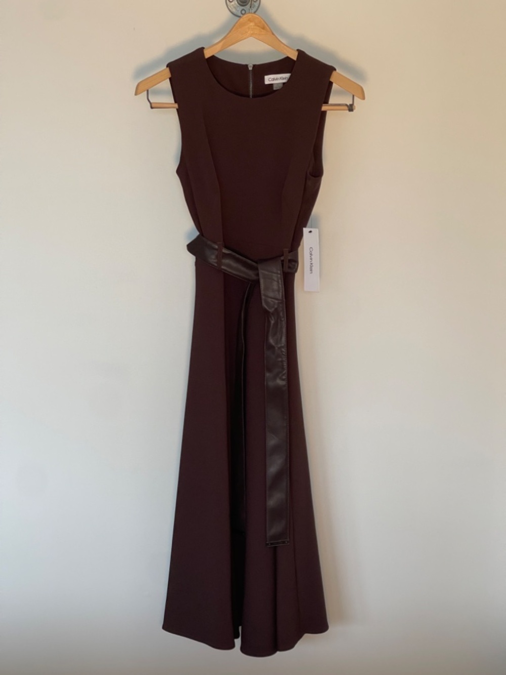 NWT Calvin Klein Brown Belted Fit & Flare Midi Dress Sz 2